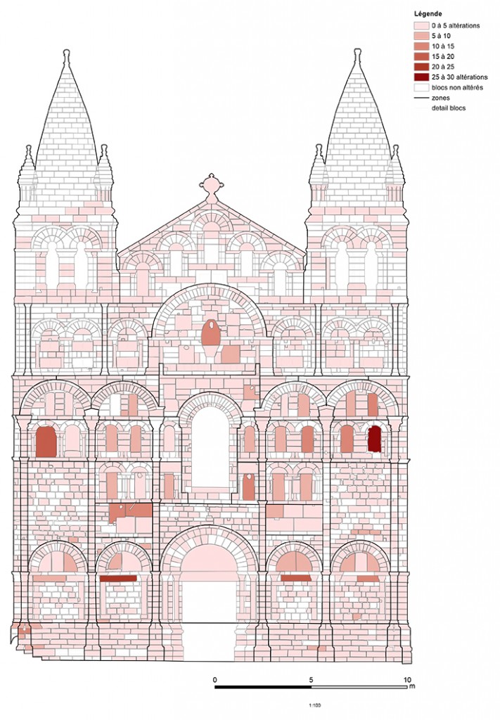 Façade de la cathédrale d'Angoulême Nombre d'altérations par bloc