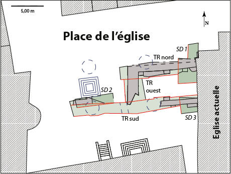 Fig. 2 - Plan général de la place de l'église, zones d'intervention